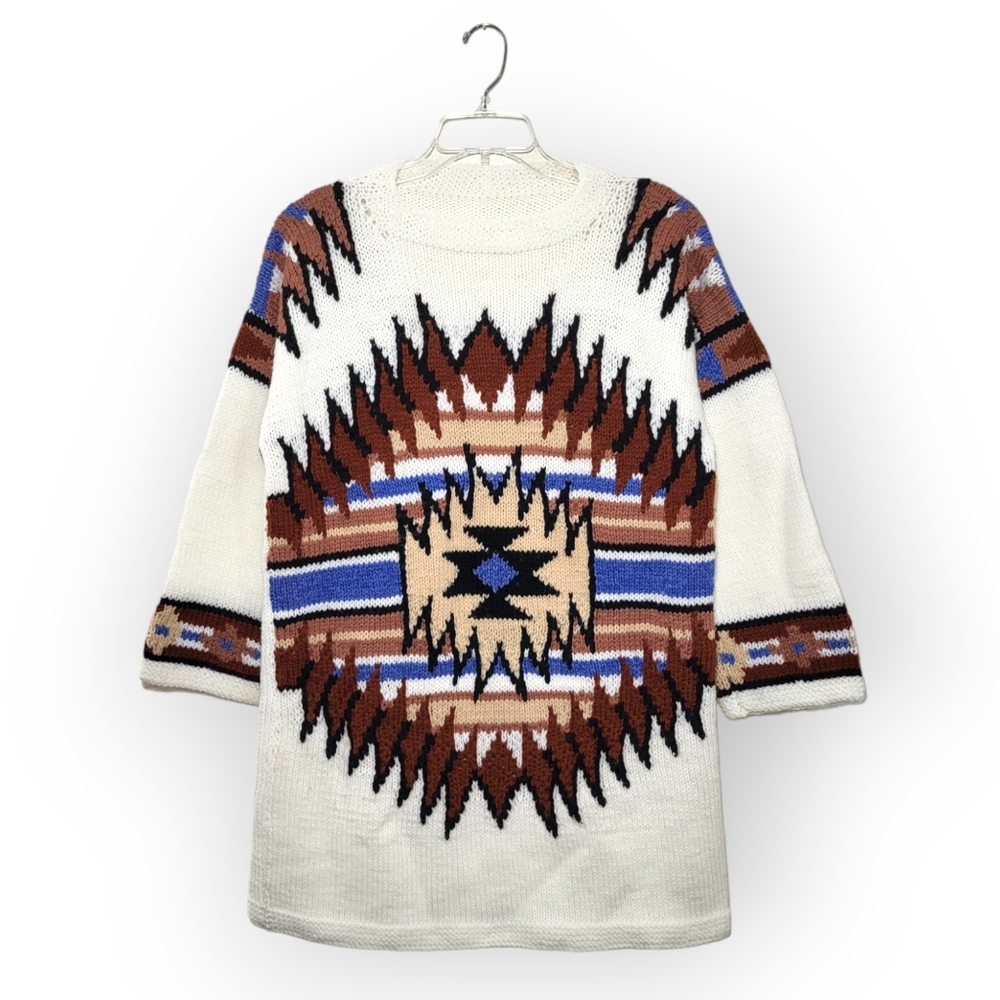 Native American / Aztec Style Knit Sweater White Blue Brown